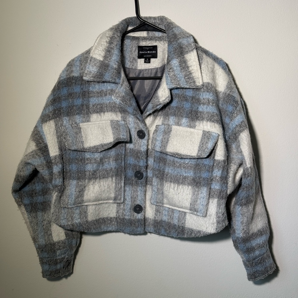 Haute Monde Women's Gray and Blue Checkered Teddy Jacket
Size:S